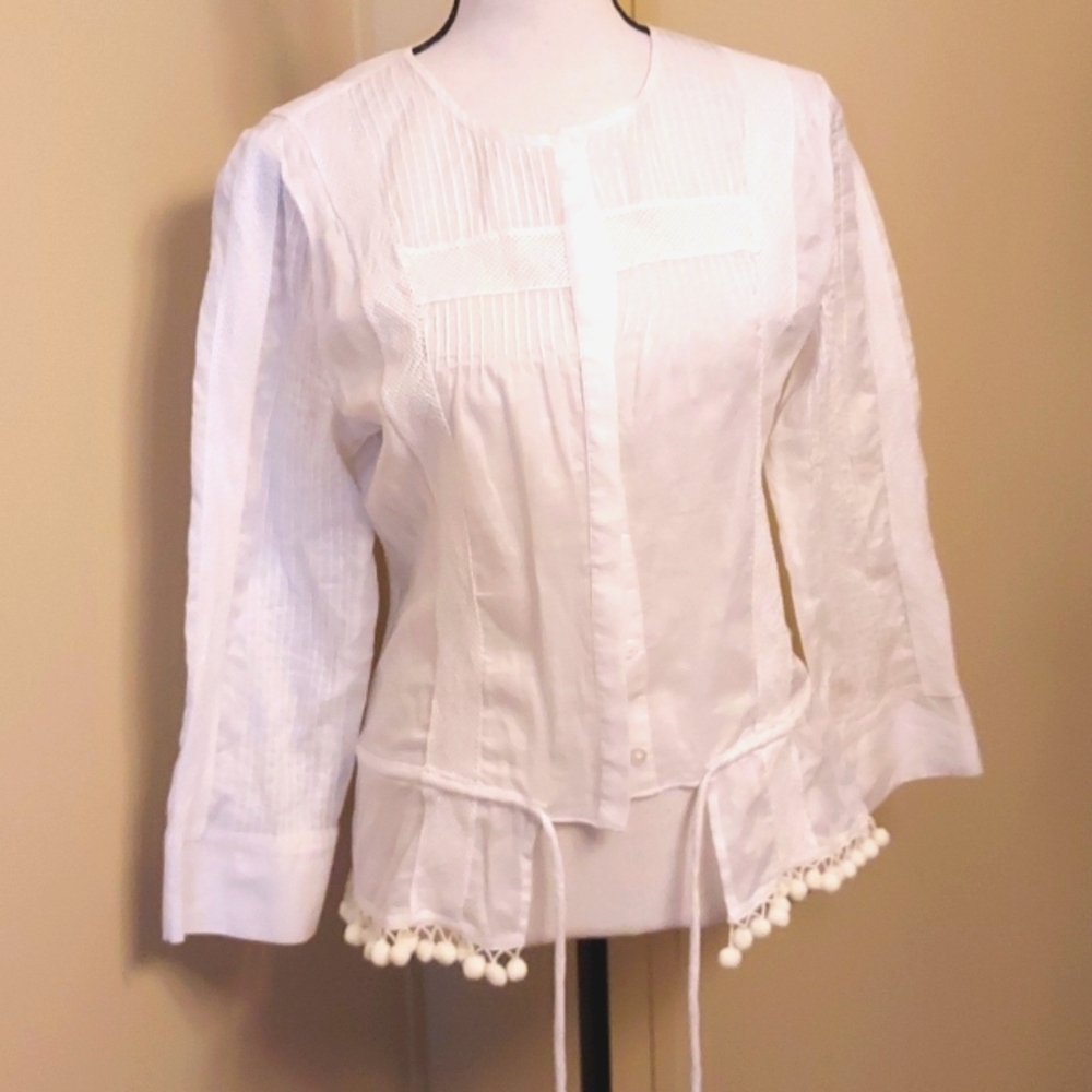 Saja White Blouse with Pom Pom Trim